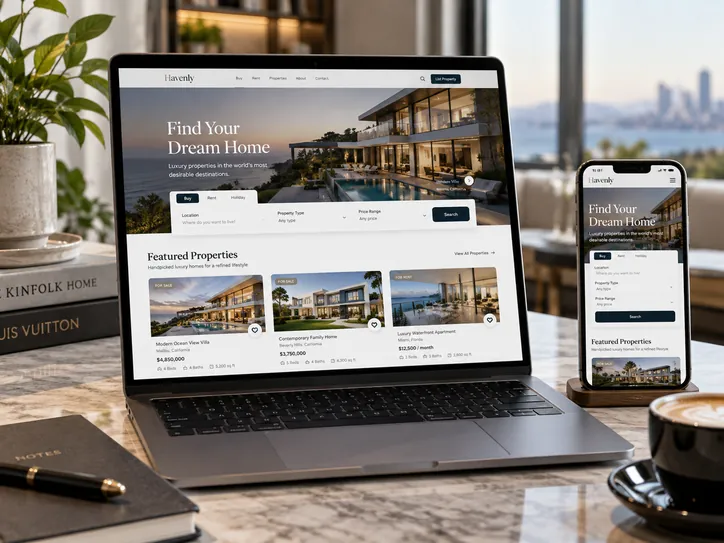 Illustrative real estate website mockup on a laptop and phone showing a property search homepage