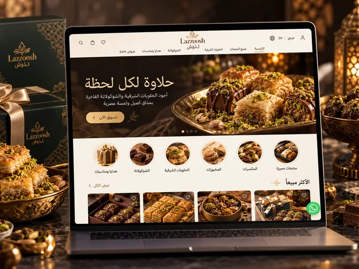 Illustrative concept mockup of a sweets and baklava online store in Arabic and English on a laptop
