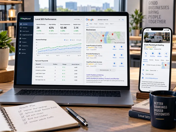Illustrative SEO and Google Business Profile dashboard mockup with a map and ranking panels