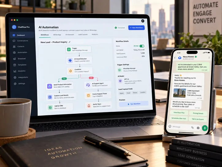 Illustrative automation workflow dashboard next to a phone showing a WhatsApp conversation