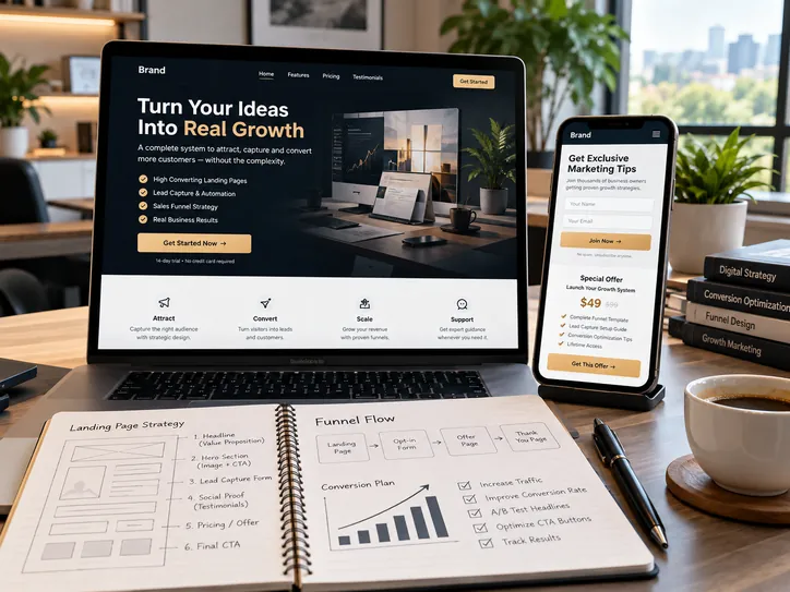 Illustrative landing page mockup on a laptop and phone next to a sales funnel planning notebook