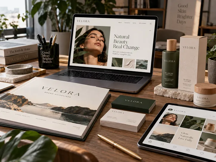 Illustrative branding concept mockup with a brand book, skincare packaging and a laptop for a demo brand
